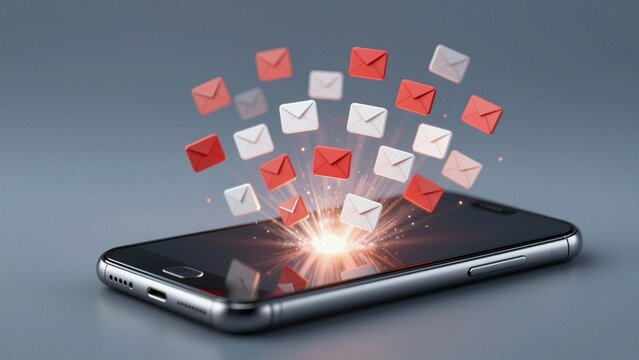 A smartphone emits a burst of red and white email icons, symbolizing digital communication overload in modern technology.