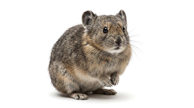 A cute small pika standing on a white background looking at the camera.