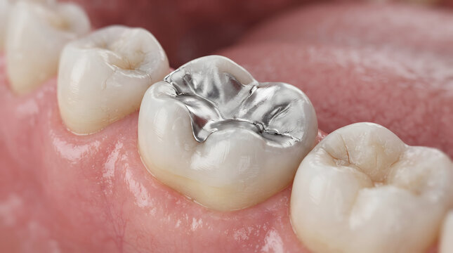 Detailed dental 3D illustration showing a close-up of human teeth with a silver amalgam filling on a molar. This visual represents restorative dentistry, cavity treatment, oral healthcare, dental h...