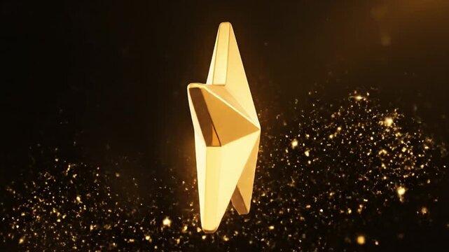 Shimmering golden star rotating slowly against a dark background with sparkling light particles