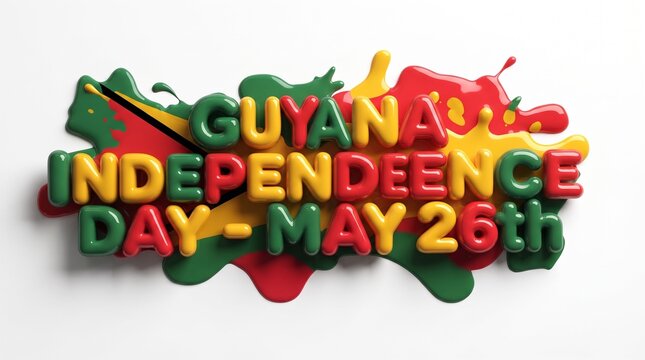 Guyana Independence Day May 26th typography, colorful 3D glossy lettering with paint splashes, national holiday celebration banner on white background