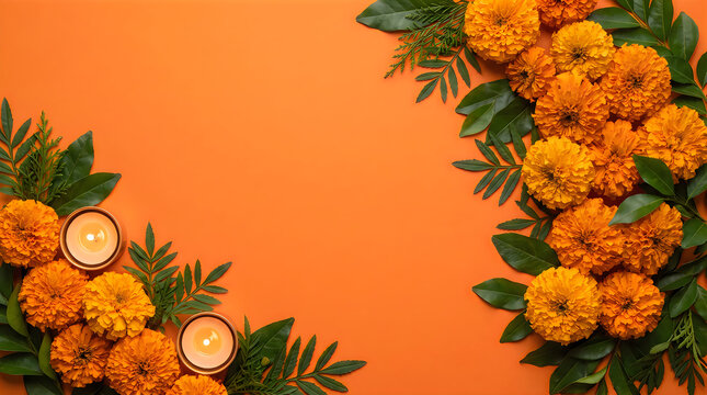 Festive background with marigold flowers and diya lamps for durga puja celebration and traditional indian religious festival greeting