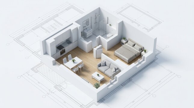 Small apartment layout and interior design featuring a dining area, living room, and bedroom in a modern building plan.