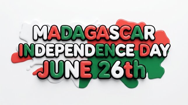 Madagascar Independence Day June 26th greeting, national holiday celebration with flag colors, 3D glossy text on white background