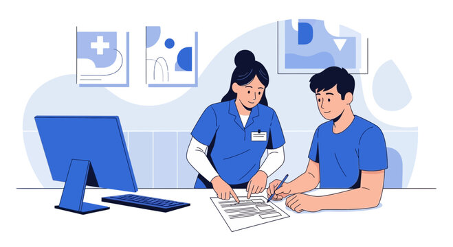Doctor and patient signing medical form at hospital reception desk with computer