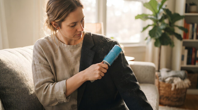 A focused young woman sits on a sofa at home, carefully using a blue adhesive lint roller to remove pet hair, dust, and fluff from the sleeve of her black blazer jacket. Cozy indoor living room bac...