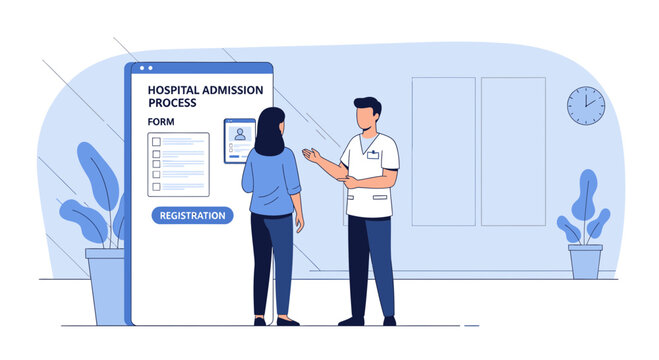 Doctor assists patient with hospital admission form on digital screen