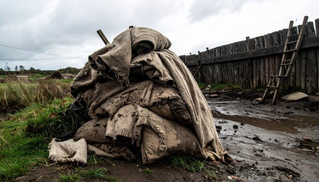 Pile of Sandbags and Burlap Covering for Fortification by Wooden Fence in Grassy Field