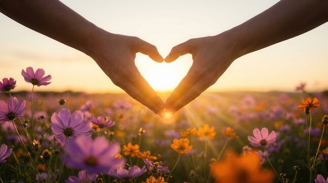 A peaceful scene of love and connection with hands in a heart shape during sunset in a flower field.