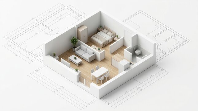 Small apartment layout and interior design featuring a dining area, living room, and bedroom in a modern building plan.