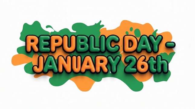 Republic Day January 26th typography, Indian national holiday celebration banner, orange and green paint splash background with 3D text