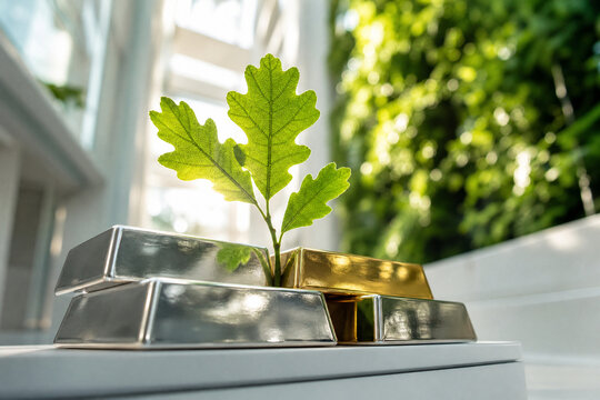 Eco-Finance Growth: A small oak sapling sprouts from a stack of precious metal bars, symbolizing the growth of green investment and sustainable finance in a modern setting.
