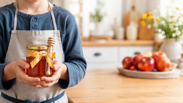 Child holding decorated honey jar for Jewish New Year tradition