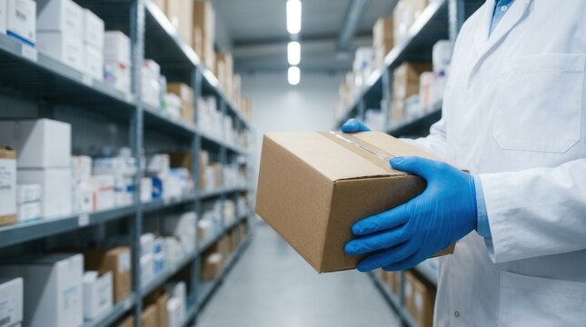 Ready for shipping medical supplies from online order, a pharmacist in blue gloves holds a parcel.