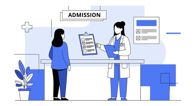 Doctor and patient at hospital admission desk, filling out forms for medical care