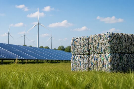 Circular manufacturing and recycling scene showing measurable environmental benefit