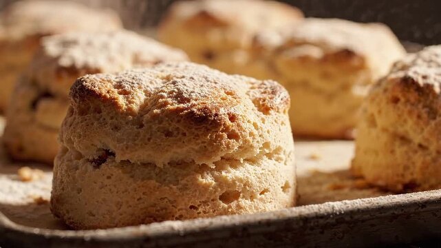 Freshly baked scones dusted with flour on a baking tray, close-up view showcasing texture