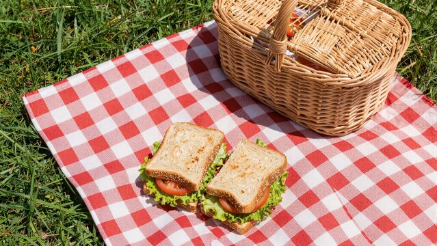 Fresh sandwiches with lettuce and tomato rest on a red checkered blanket beside a wicker picnic basket in sunny grass.