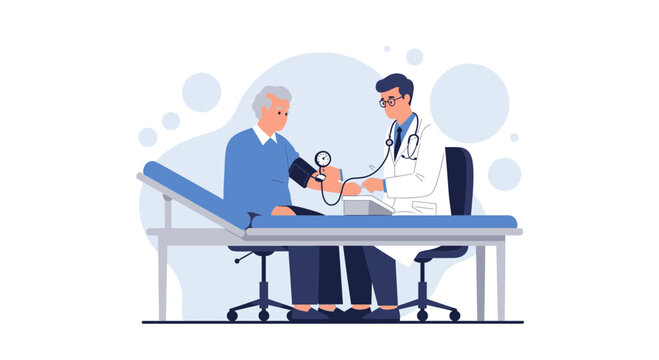 Doctor checks elderly patient's blood pressure in clinic, medical consultation, healthcare concept