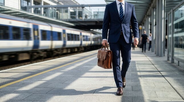 A businessman travels by rail for business, commuting to work in a blue suit on a sunny day.