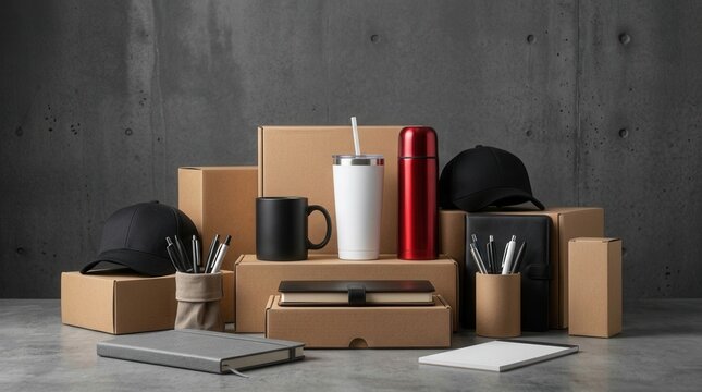 Promotional items ready for corporate gifting and brand promotion, featuring branded merchandise like notebooks, caps, and thermos bottles.