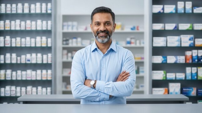 A smiling Indian man in a pharmacy, posing with arms crossed amidst shelves of healthcare products and medicines.