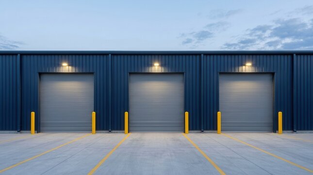 Closed roll-up doors under lights at twilight showing empty warehouse gates.