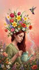 Obraz premium Woman with flower crown watering garden, hummingbird flying above, symbolizing growth, nature, and spring magic