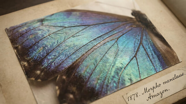 Iridescent blue morpho butterfly wing specimen with label.