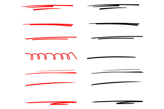 Hand drawn red and black underline set scribble stroke highlighter marker line doodle element vector illustration collection