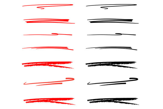 Hand drawn red and black underline set scribble stroke highlighter marker line doodle element vector illustration collection