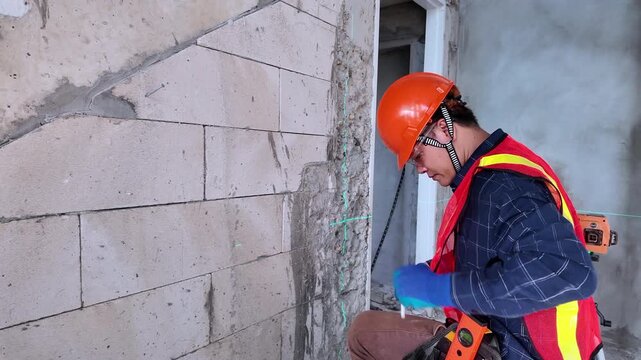 Construction Worker Climbing a Concrete Wall at Building Site Wearing Safety Helmet During Industrial Construction Work