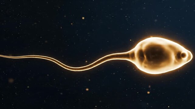 Single golden sperm cell swimming across dark background showing healthy motility and morphology