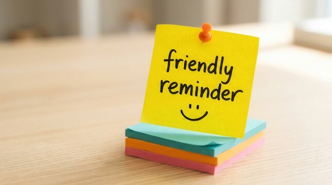 Cheerful prompt for tasks or appointments featuring a yellow sticky note with friendly reminder text and a face on colorful paper.
