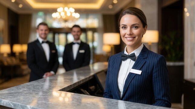 Luxury resort lobby staff providing pro service with a smiling woman at the hotel front desk and two men in tuxedos.