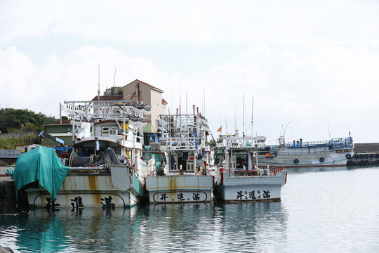Squid Fishing Boats Rest in a Taiwanese Harbor.