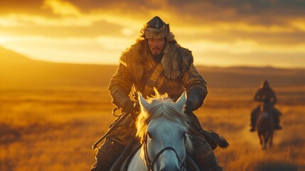 Fototapeta premium Warrior astride a white horse rides across a sun-drenched steppe, another rider follows in the distance