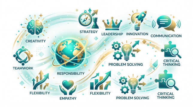 Conceptual business infographic showcasing teamwork, strategy, leadership, innovation, and communication, representing growth and success.
