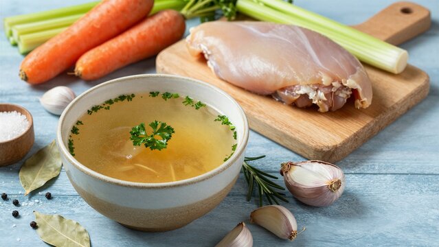 A steaming bowl of homemade chicken broth surrounded by fresh ingredients including carrots, celery, garlic, and herbs on a rustic wooden surface.