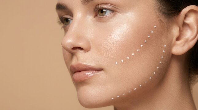 Cosmetic dots mark contours for a lifting procedure as a beauty model receives skin rejuvenation.