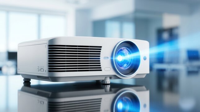 Bright blue light beam emits from the lens of a modern video projector for indoor display.
