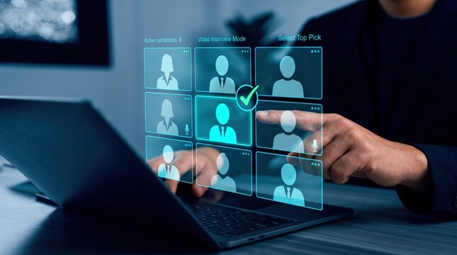 Futuristic digital hiring interface, selecting top candidate from video interview grid with holographic UI overlay on laptop screen for remote recruitment process.