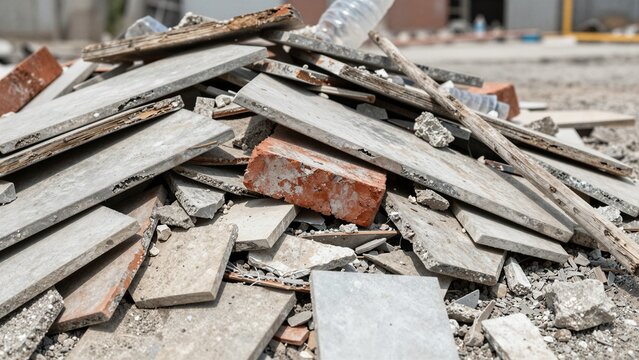 A close-up view of broken concrete, bricks, and wood scraps piled together on a construction site under bright sunlight.