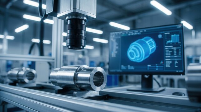 Smart tech factory production using an automated machine vision system to inspect components for quality control and accuracy.