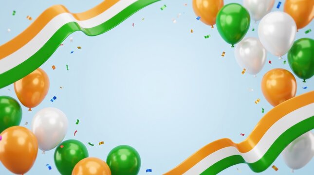Festive background with tricolor ribbons and balloons celebrating indian independence day with copy space for your text