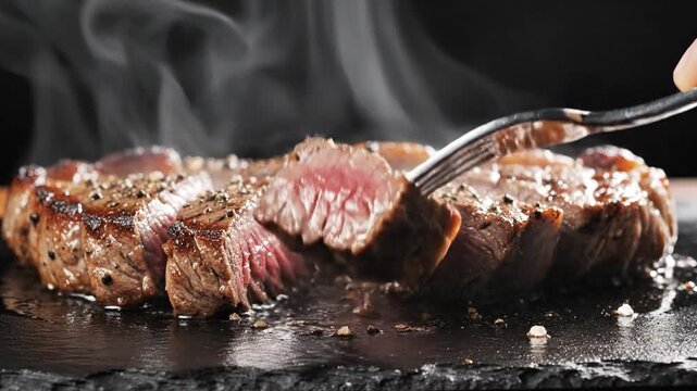 Sliced medium rare top sirloin steak on a fork with rising steam and spices on dark background