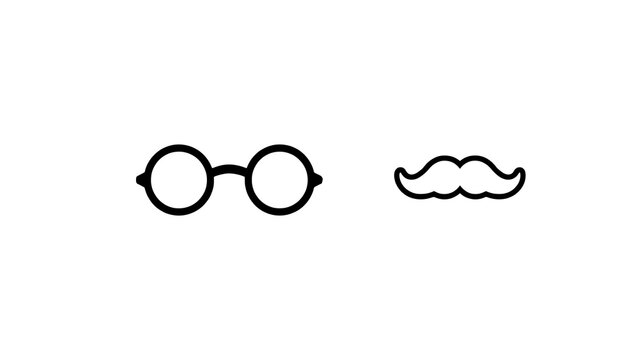Minimalist round glasses and mustache icons, black line art spectacles and facial hair symbols, simple eyewear and barber shop graphics on white