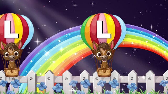 Cartoon Animals in Hot Air Balloons Floating Over Rainbow and Fence