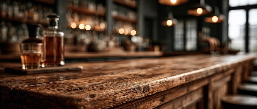 Sophisticated speakeasy atmosphere captured at bar top level. Aged wood grain, glowing bokeh, and a whiskey decanter invite premium branding, hospitality, and artisan spirit campaigns.