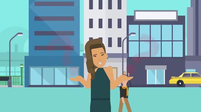 2D animation of a woman standing outdoors in a city street feeling confused with floating red question mark icons